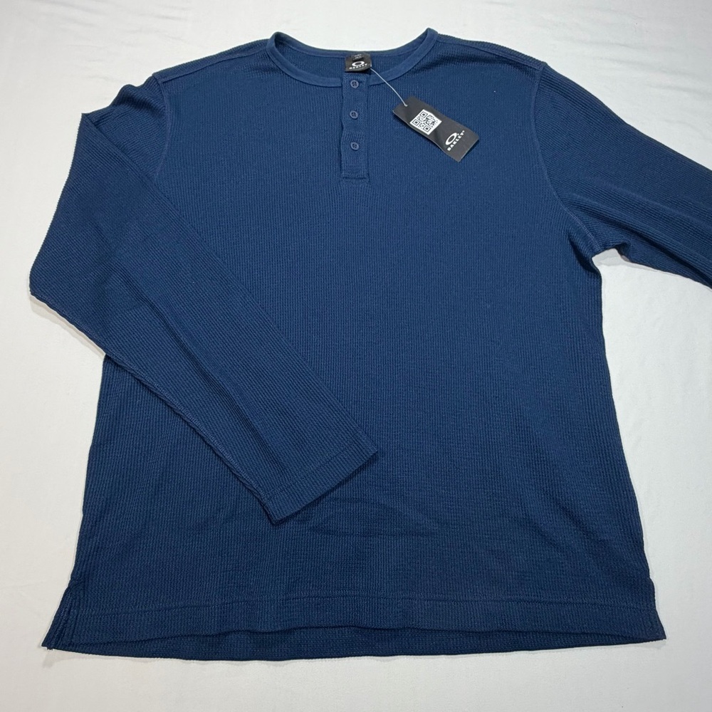 Oakley Mens Classic Henley Cotton Long Sleeve Waffle Knit Navy Blue Mens Large